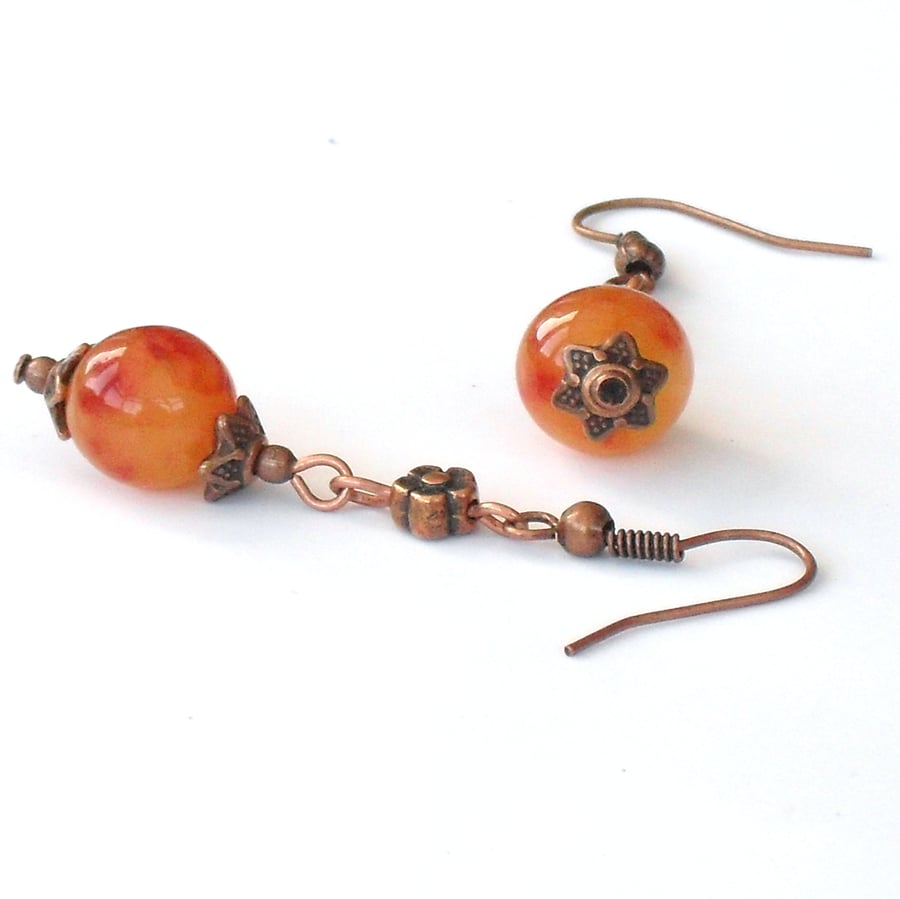 Orange kunzite and copper handmade earrings