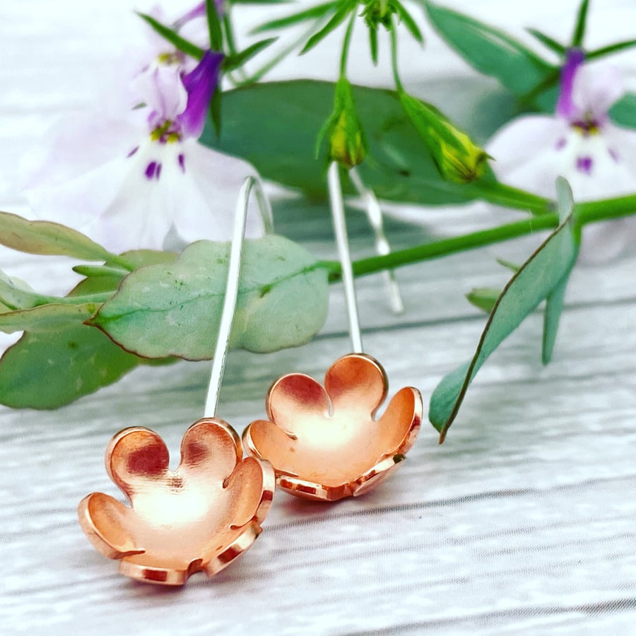 Daisy Drop Copper Flowers Sterling Silver Drop Earrings made by metalsmith 