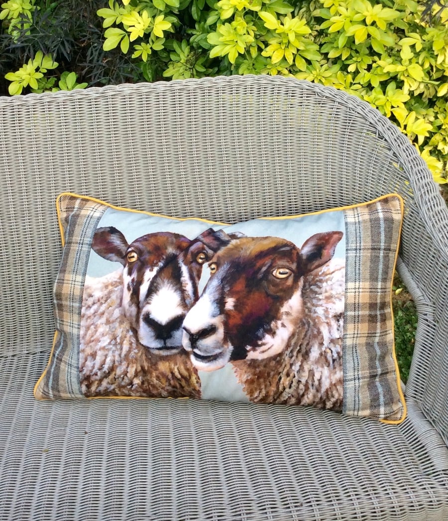 Sheep canvas and tartan cushion. Pair of sheep pillow. FREE UK Postage.