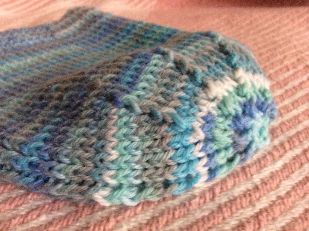 Adult Beanie Hat Hand Knitted in turquoise blue Multi Stripes 