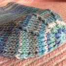Adult Beanie Hat Hand Knitted in turquoise blue Multi Stripes 