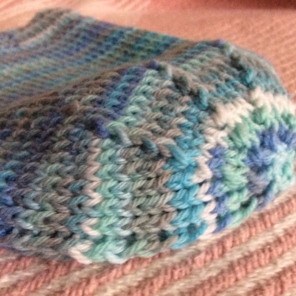 Adult Beanie Hat Hand Knitted in turquoise blue Multi Stripes 