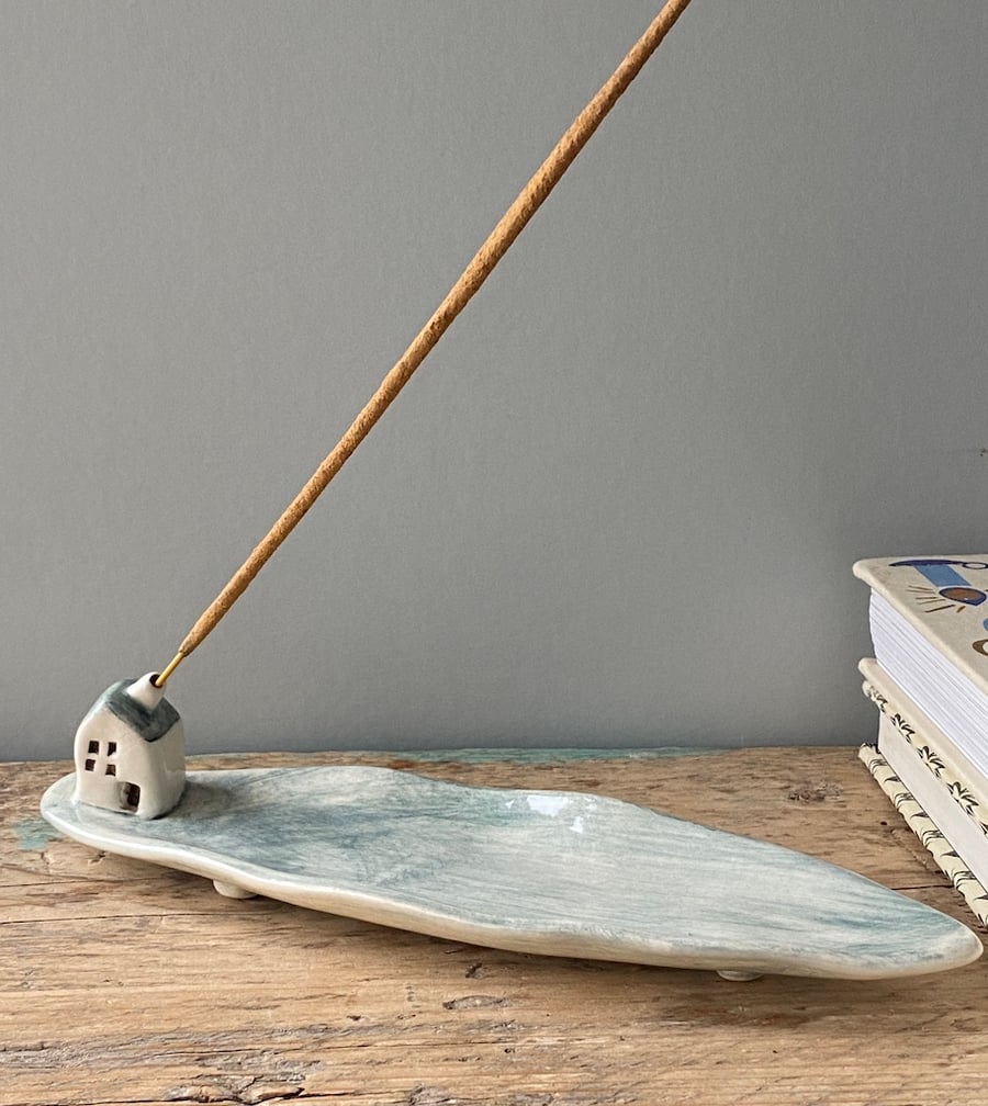 Handmade Ceramic Incense Stick Holder with Tiny House