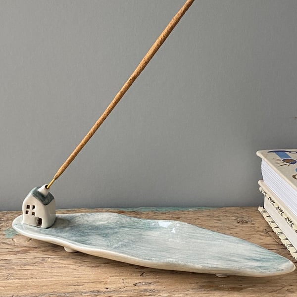 Handmade Ceramic Incense Stick Holder with Tiny House