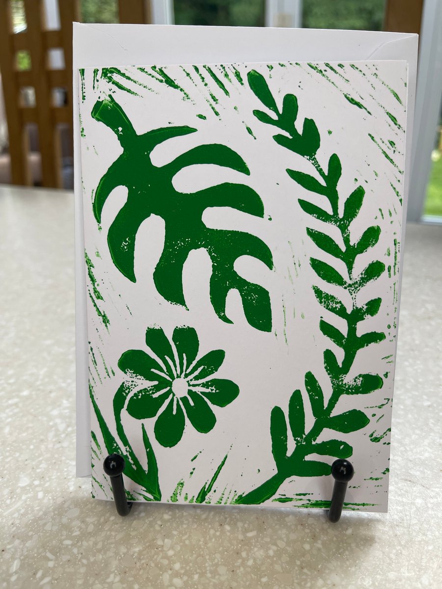 Flower and leaf, hand printed Lino cut greetings card