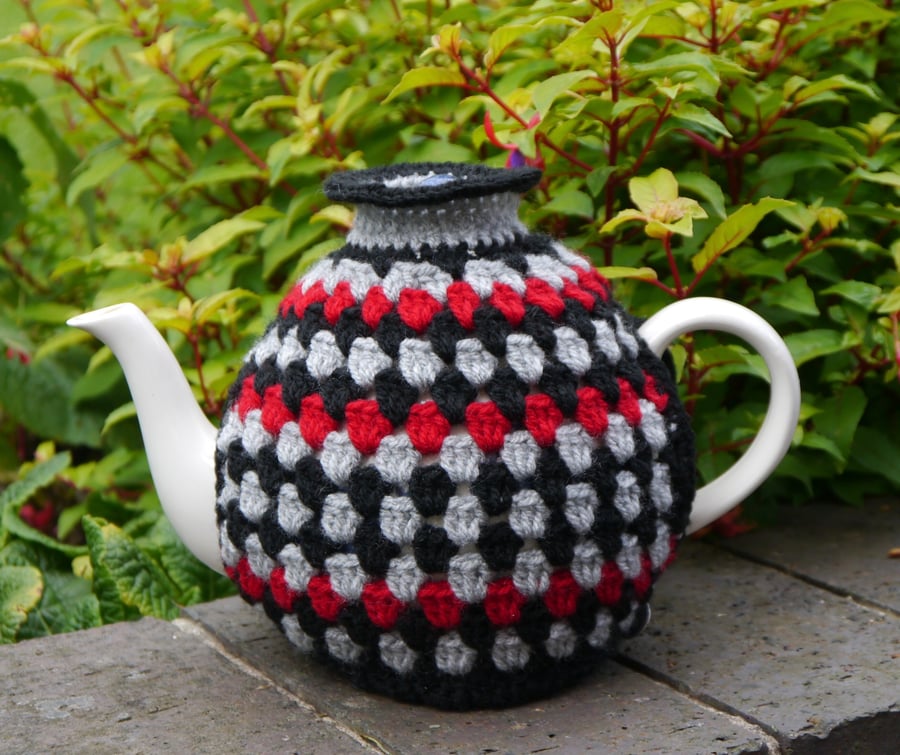 Contemporary Crochet Tea Cosy, Granny Stripes Black, Red and Grey