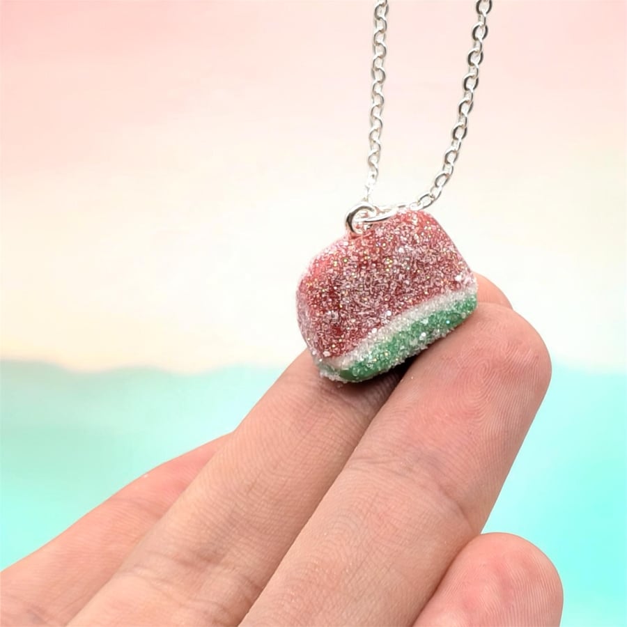 Watermelon Fizzy Sweet Necklace, Miniature Food Polymer Clay Jewellery