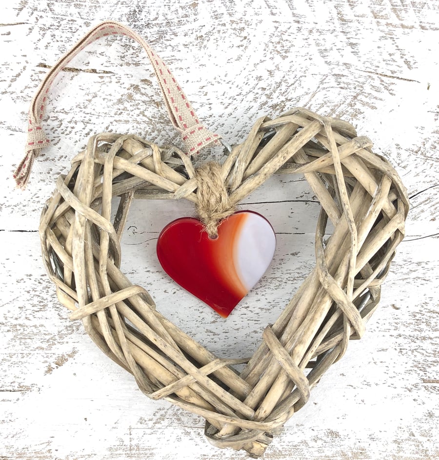 Red Glass & Wicker Hanging Heart - with co-ordinating Ribbon
