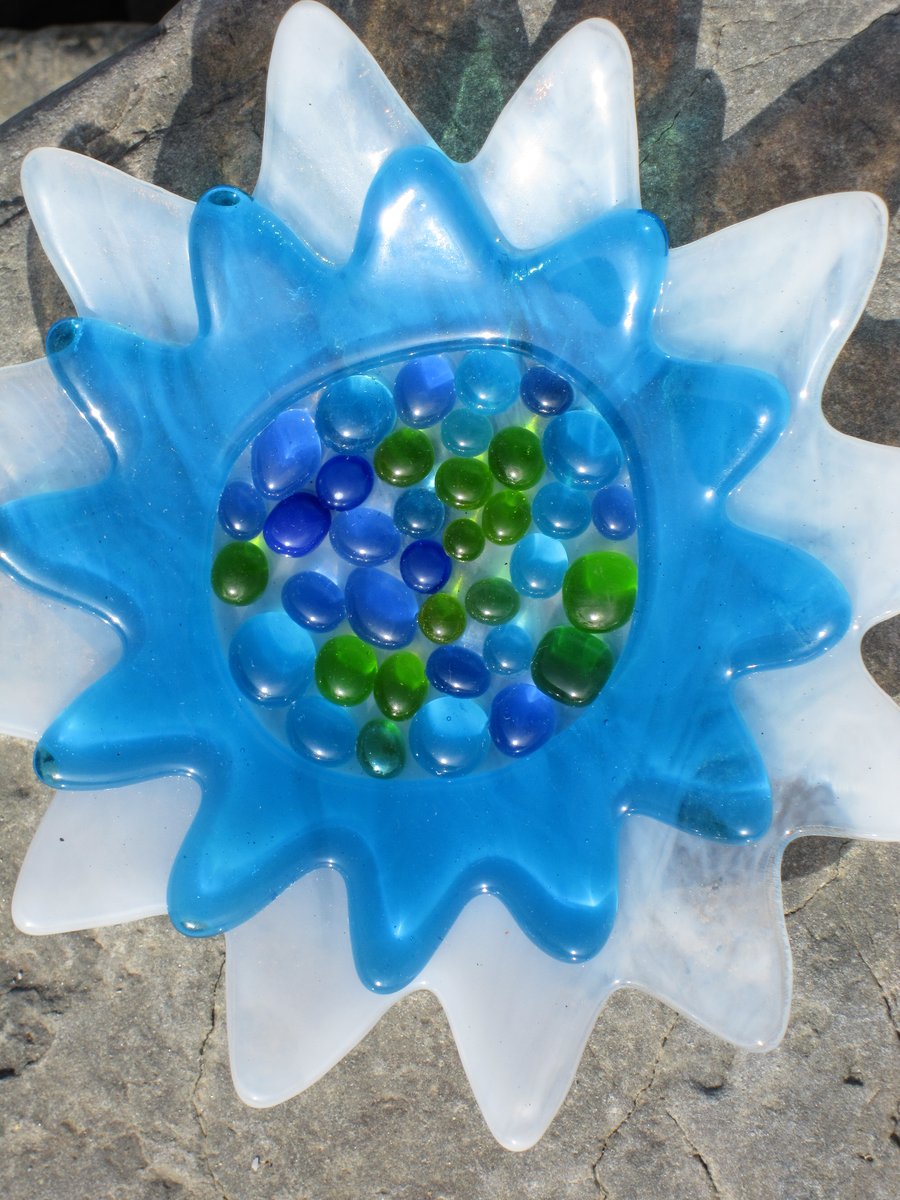 Fused glass flower dish, chrysanthemum, turquoise and white