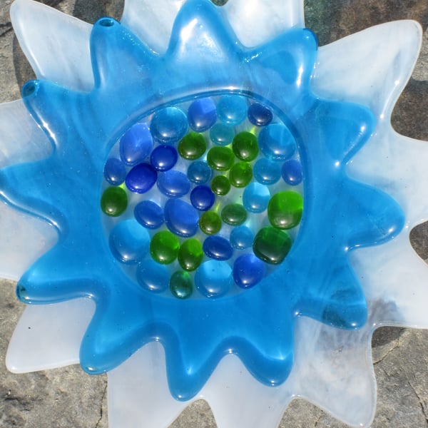 Fused glass flower dish, chrysanthemum, turquoise and white
