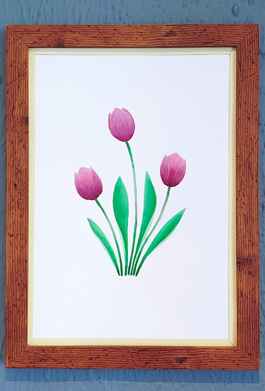 A3 Size Framed Print Painting Purple Tullips Flowers Colourful Vanilla Border