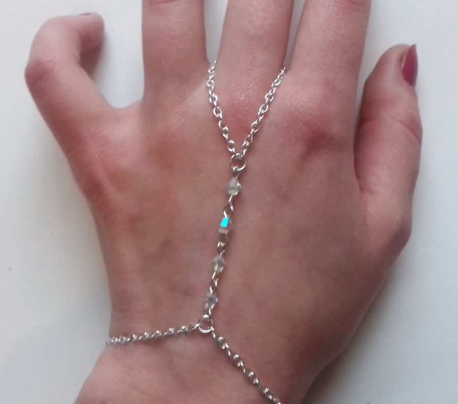 Clear Crystal Bead Hand Chain Silver Plate Bracelet 