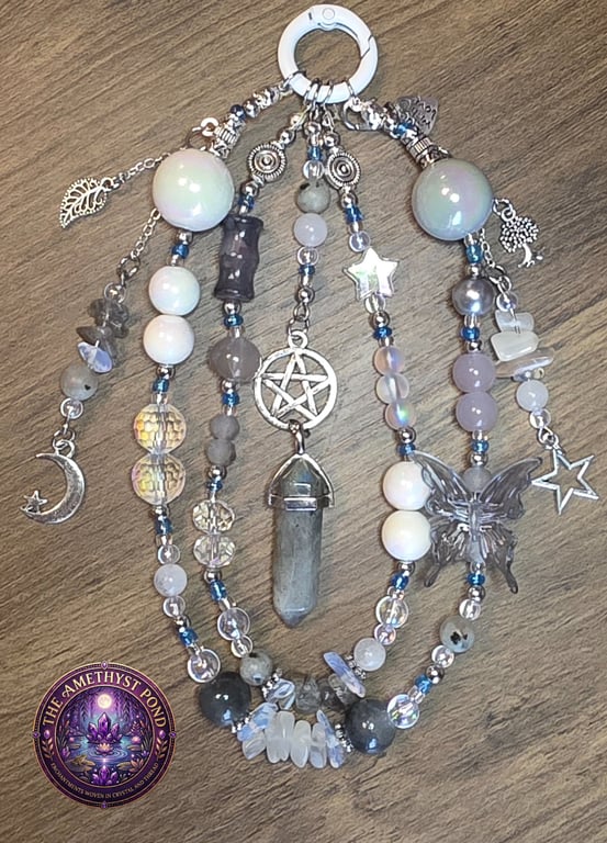 Handmade Moon & Star Phone Charm Labradorite Crystal Pendant and Moonstone Beads