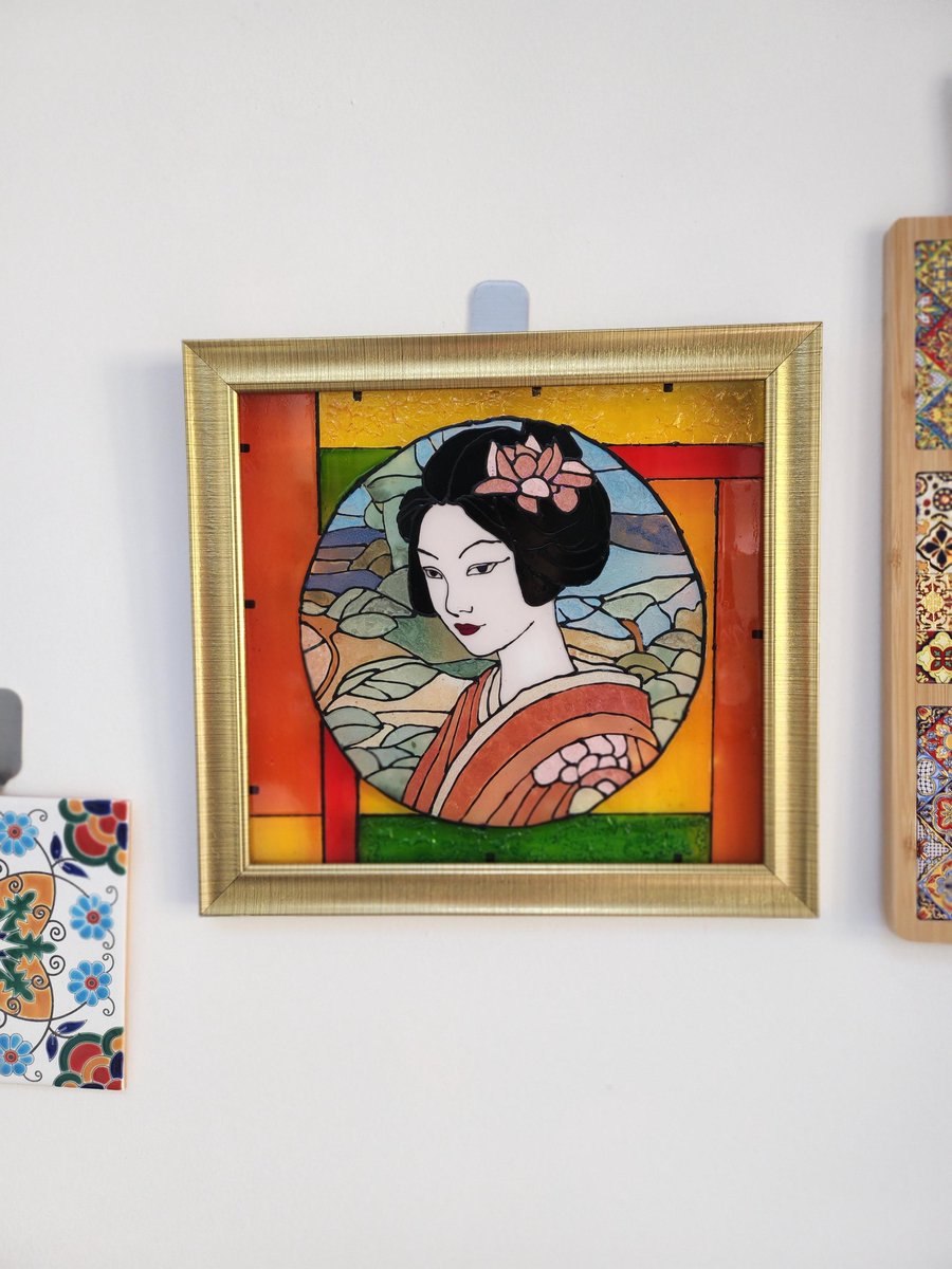 Handpainted Geisha Glass Wall Hanging - Serenity in Silk