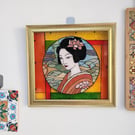 Handpainted Geisha Glass Wall Hanging - Serenity in Silk