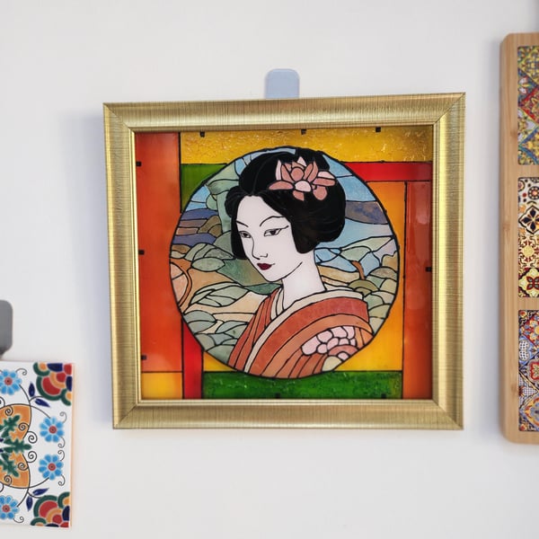 Handpainted Geisha Glass Wall Hanging - Serenity in Silk