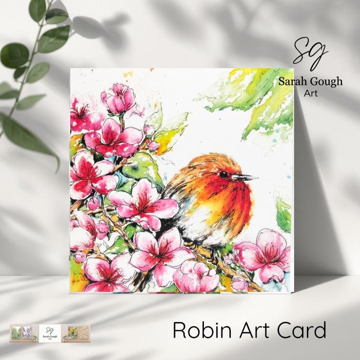 Robin & Blossoms Art Card - Original Watercolour Art Design - with Envelope