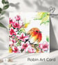 Robin & Blossoms Art Card - Original Watercolour Art Design - with Envelope