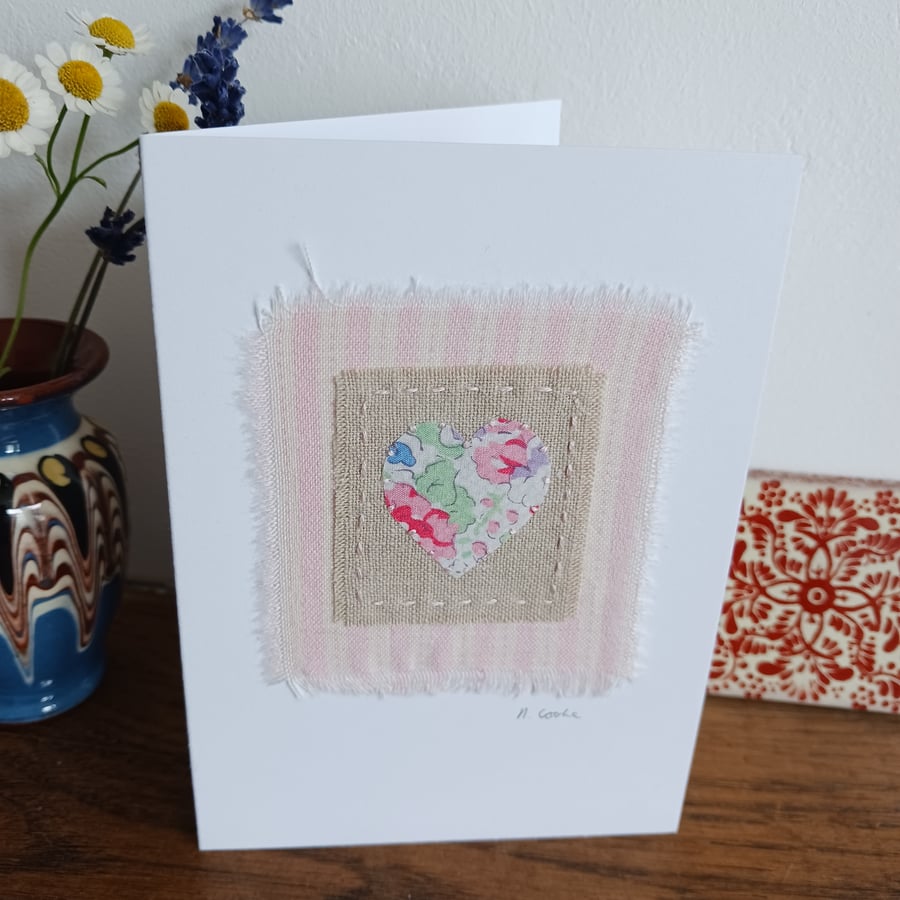 Liberty Floral Heart hand stitched fabric card - CLEARANCE