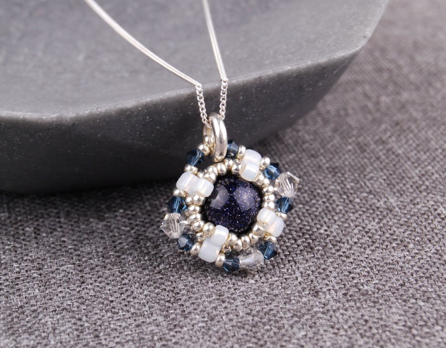 Blue goldstone gemstone pendant, Crystal pendant with sterling silver chain