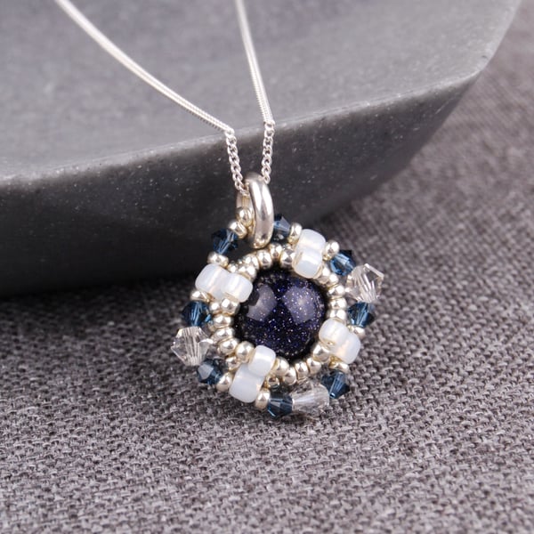 Blue goldstone gemstone pendant, Crystal pendant with sterling silver chain