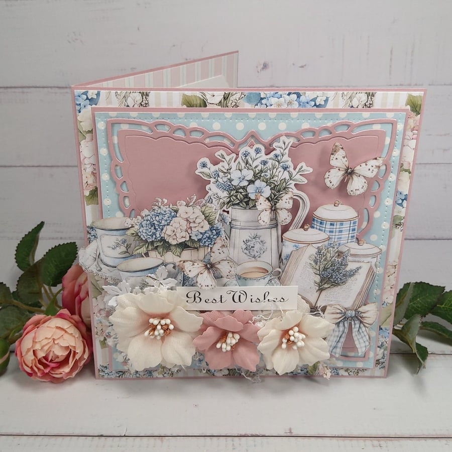 Handmade Floral Birthday Card (126) Shabby Chic & Blue 3D Greeting Card.