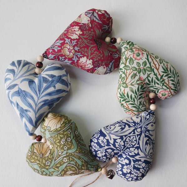 William Morris Fabric String of Hearts Hanging Decoration - Classic