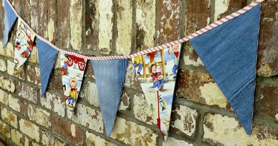 Upcycled Bunting - Reversible denim jeans with Cowboys or Cowgirls