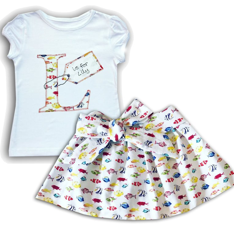 Girl's Personalised Fish Skirt and T-Shirt Outfit, Girls clothes