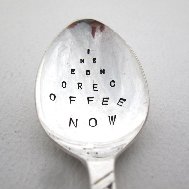 Eye test spoon, handstamped, I need more coffee now
