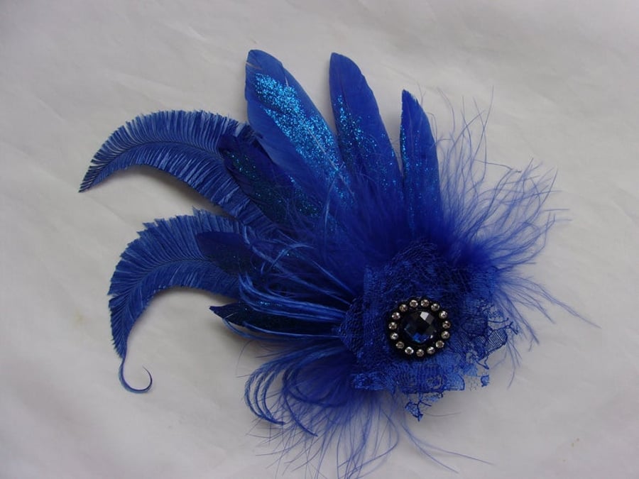 Royal Cobalt Blue Glitter Feather & Crystal Fascinator Hairclip