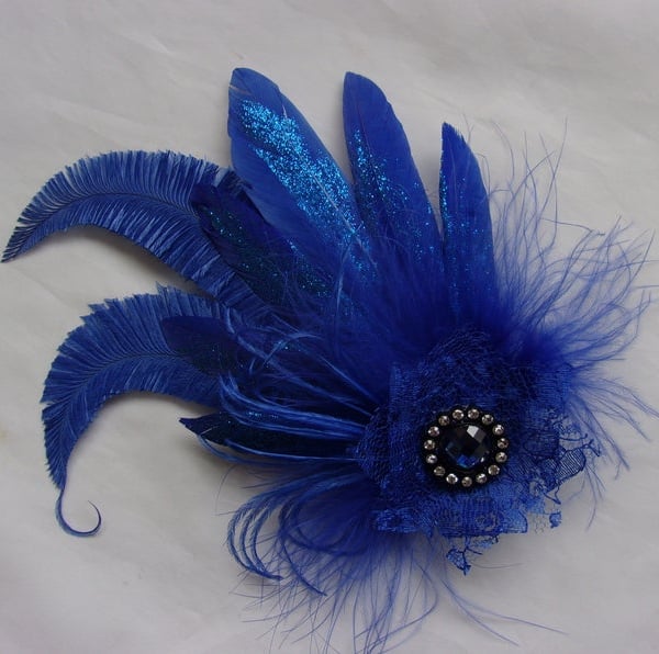 Royal Cobalt Blue Glitter Feather & Crystal Fascinator Hairclip