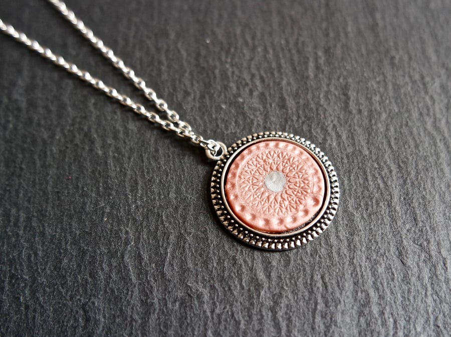 Necklace - Mandala large rose pink metallic silver-plated