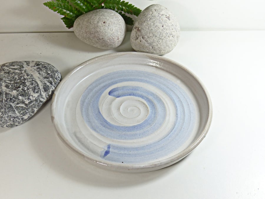 White and Pale Blue Swirl Stoneware Medium sized Plate Pottery Ceramic Handmade