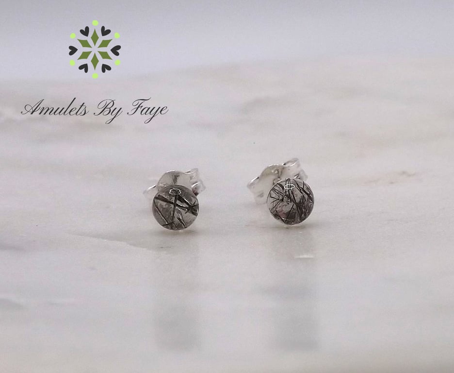 Black Tourmalinated Quartz Cabochon 4mm Gemstone Sterling Silver Earrings.