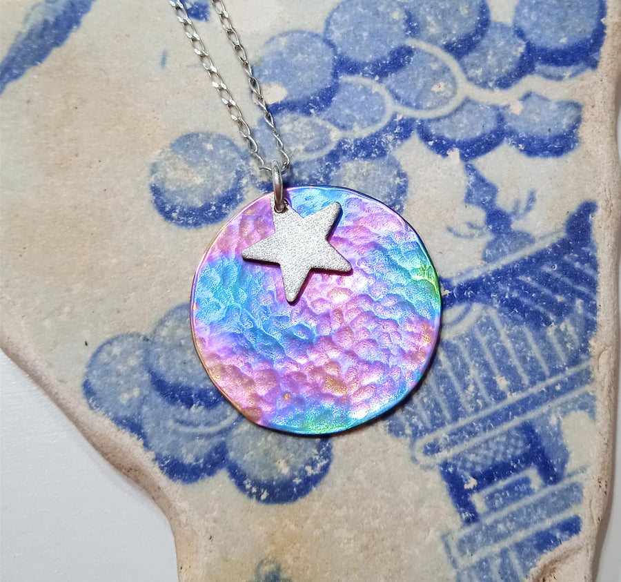 Coloured Titanium and Sterling Silver Star Pendant Necklace - UK Free Post     