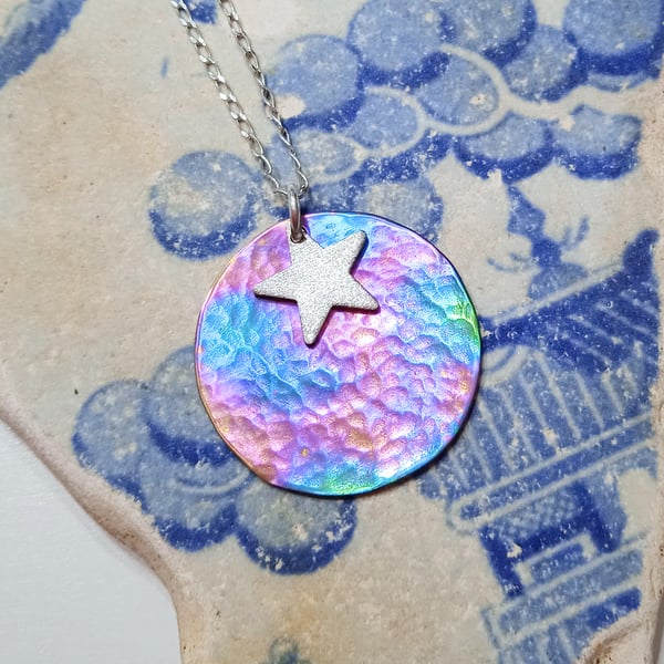Coloured Titanium and Sterling Silver Star Pendant Necklace - UK Free Post     