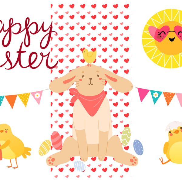 Happy Easter Cute Bunny & Chicks Card A5