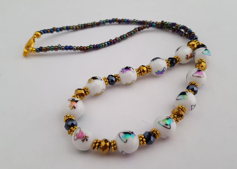 Christmas necklace - white glass beads with bells - 1002477