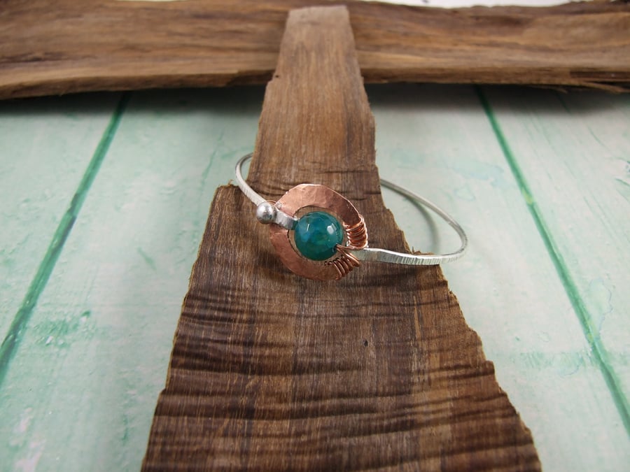 Sterling Silver Textured Bangle with Copper Buckle and Green Agate