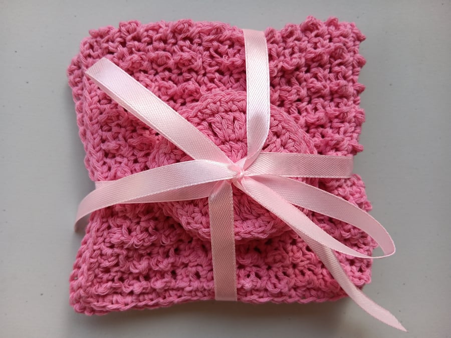 Crochet Flannel and Face Scrubbies (Pink) - reusable eco-cotton