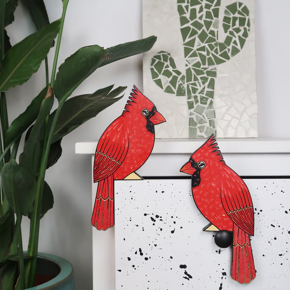 Red cardinal door topper, wooden bird decoration for door, hand painted.