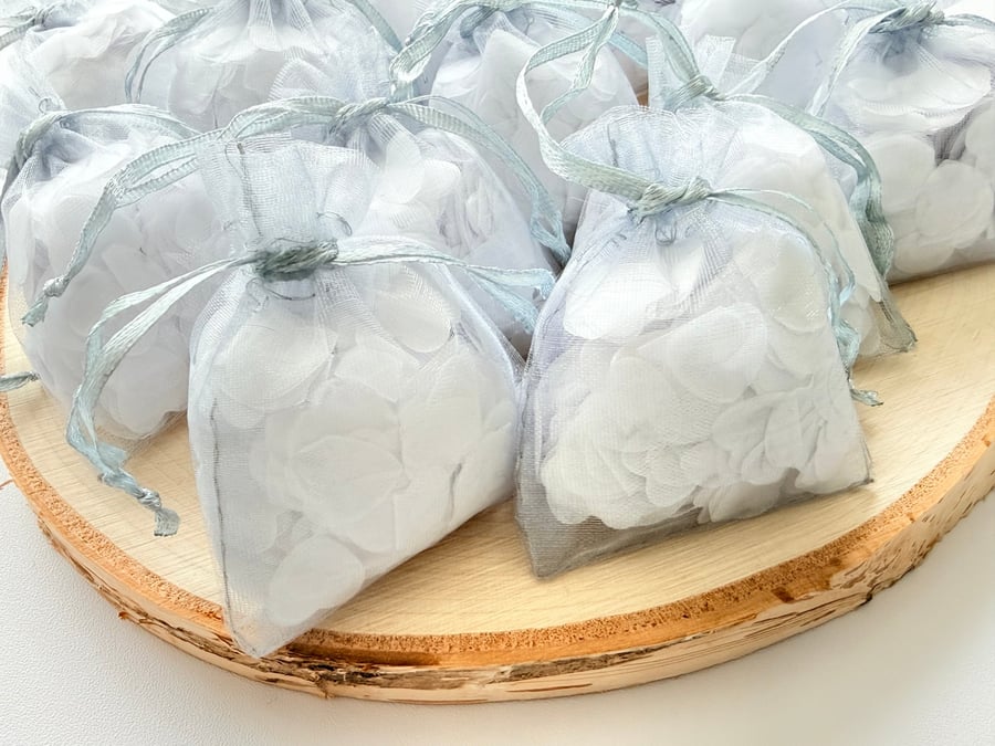 White Biodegradable Heart Confetti, Silver Bags Wedding Toss Eco Send Off Decor