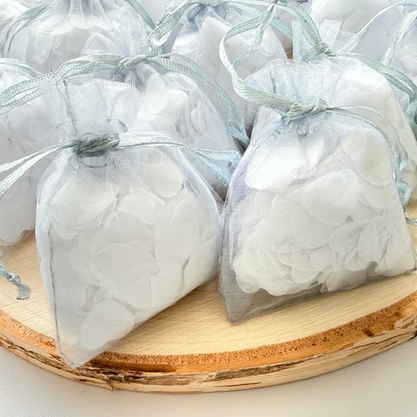 White Biodegradable Heart Confetti, Silver Bags Wedding Toss Eco Send Off Decor