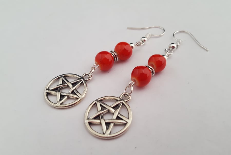 Red and silver pentagram earrings