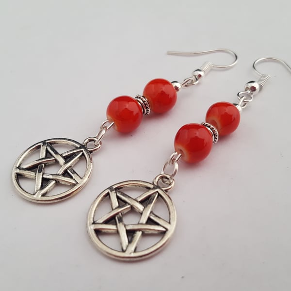 Red and silver pentagram earrings