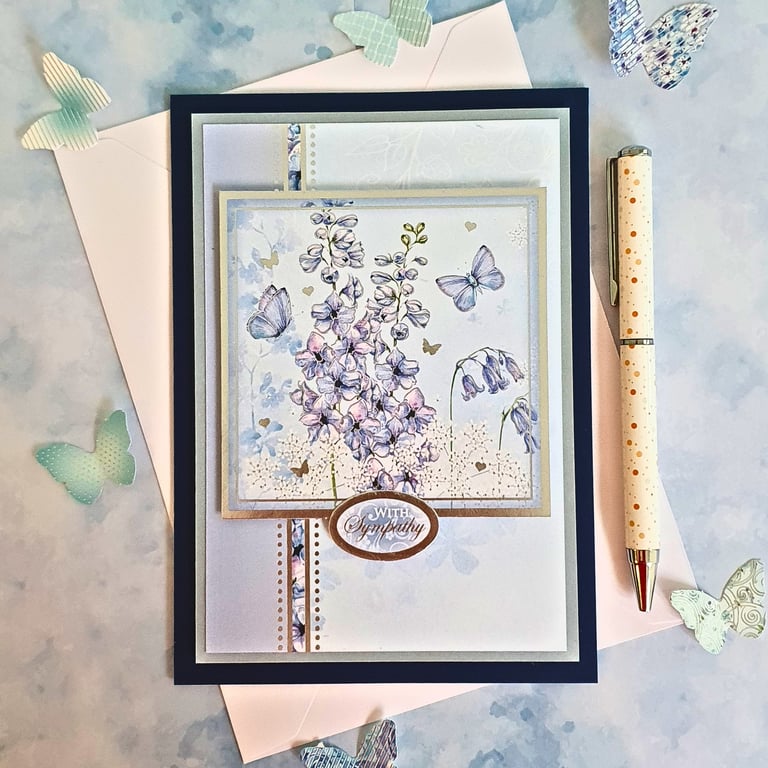 Sympathy Card, Floral Themed, Bluebells & Butterflies, Blue