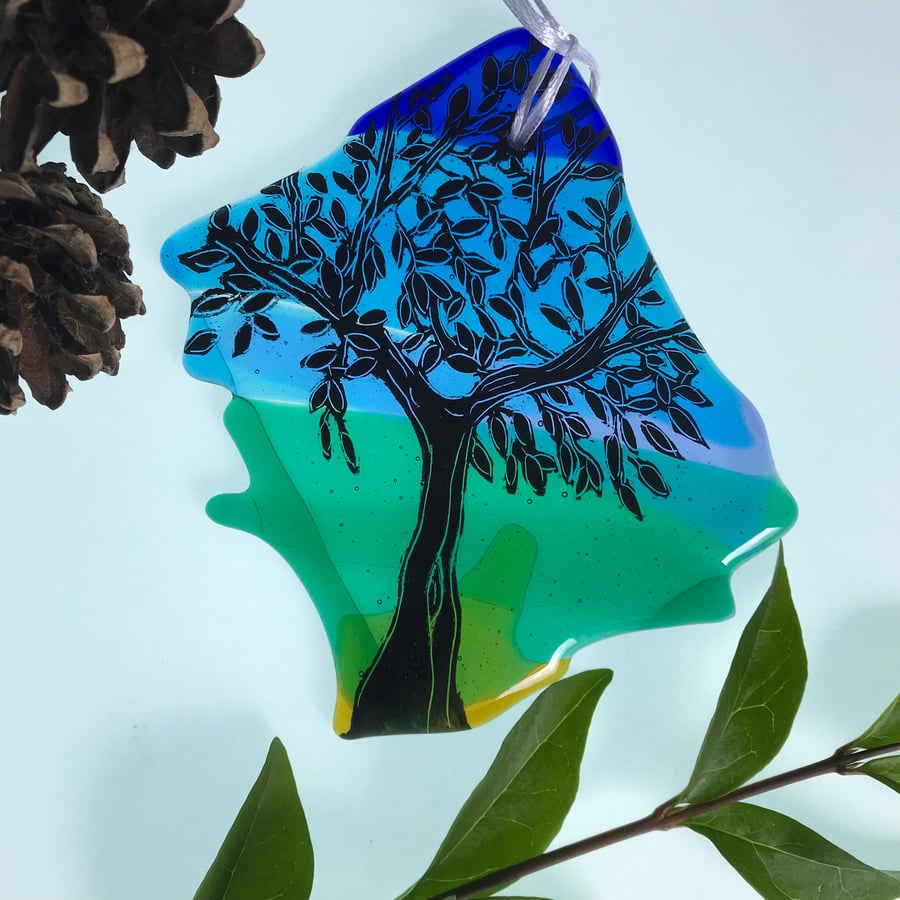Tree, fused glass, hand painted