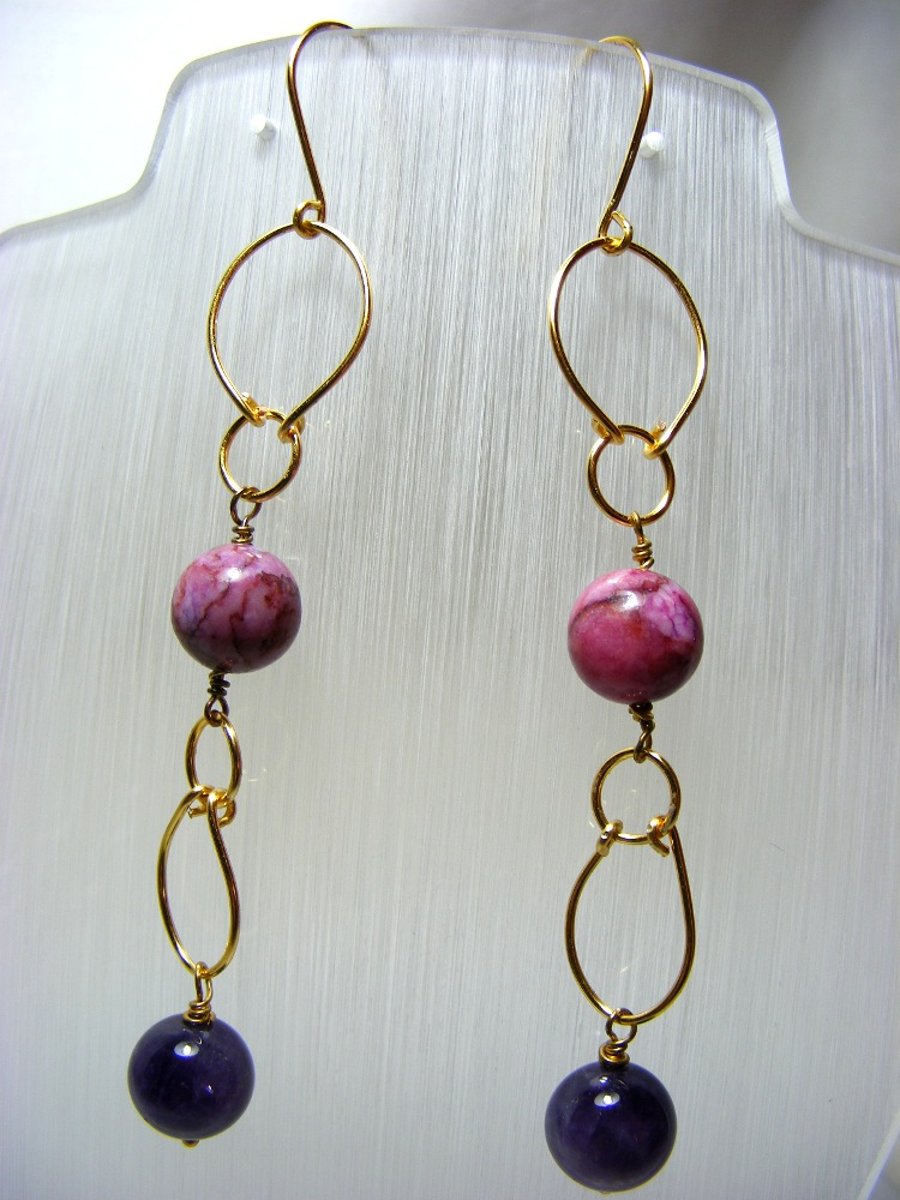 Pink and Purple Gemstone Dangling Earrings