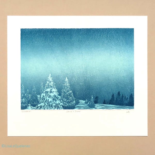 Silence and snow landscape night trees lino print twilight night fall